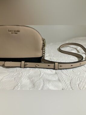 Beige and Black Crossbody Bag with Chain Accent